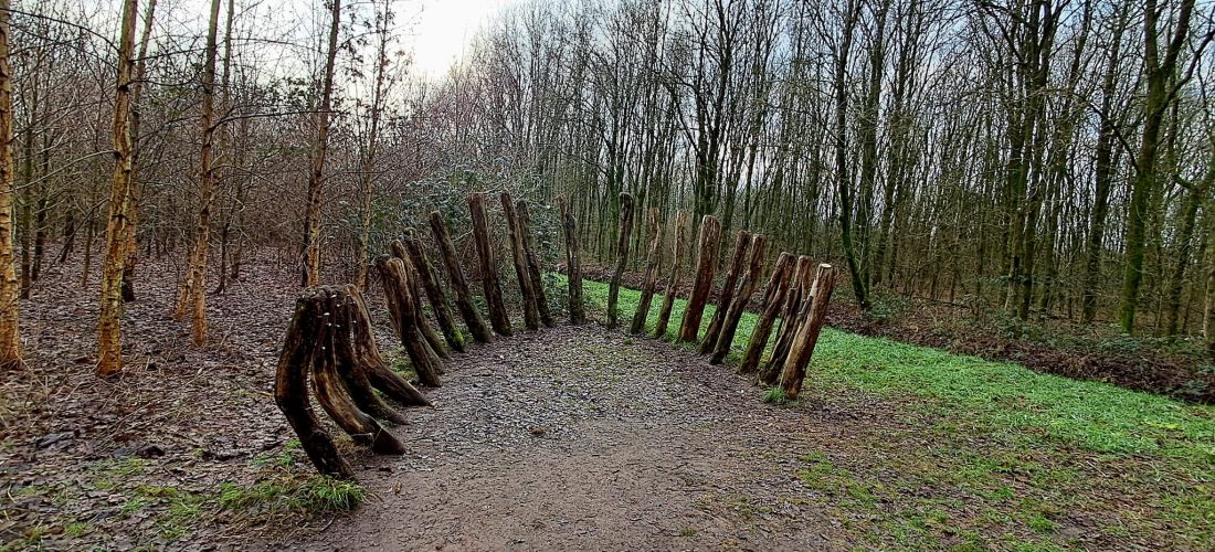 Halve cirkel van houten palen in het bos. Ruimte om even stil te staan bij jezelf